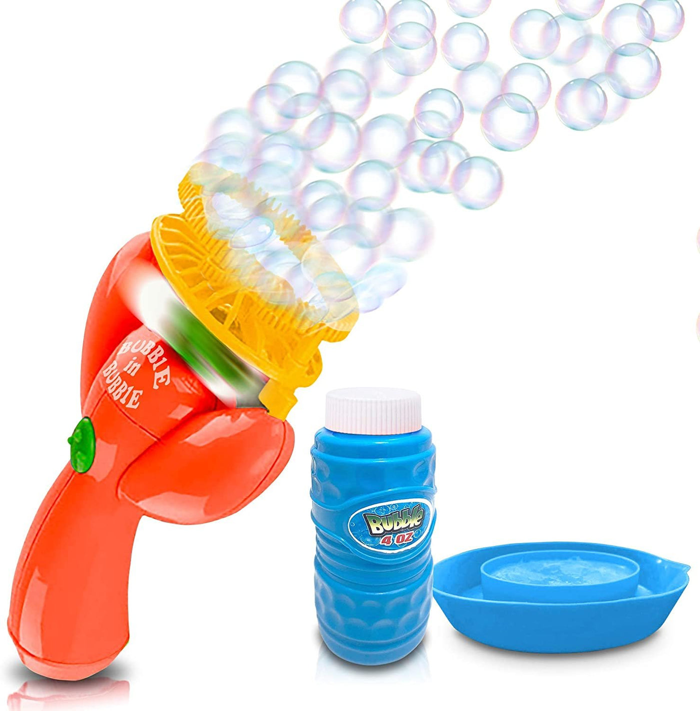 Double Bubble Blower Fan - Battery-Operated Bubbles Blaster - 4 oz Solution and Dipping Tray Included - Fun Bubble Shooter for Boys and Girls, Great Outdoor Summer Game - Orange