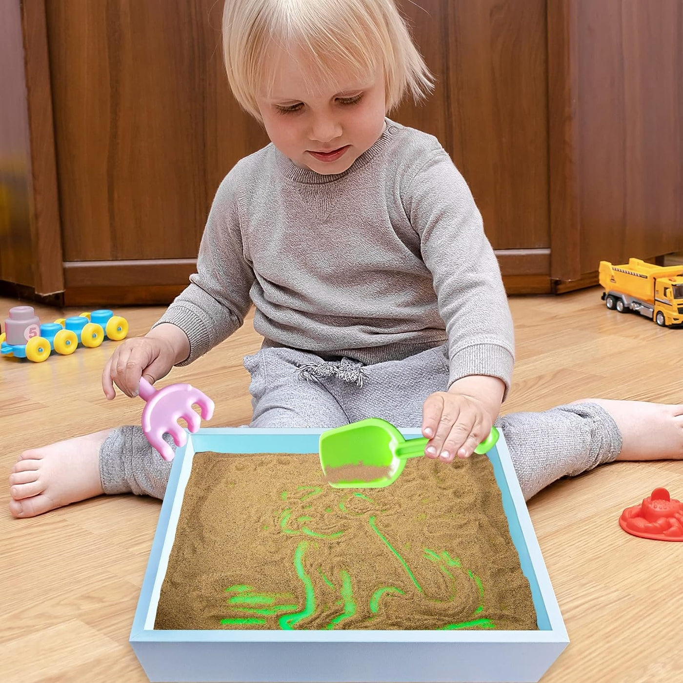 Wood Sand Painting Light Box for Kids, Table LED Sandbox with 3 Light Up Modes and Sand Toys, Art Sand Animation, Relaxing Sensory Play, Exploration, Motor Skills & Learning