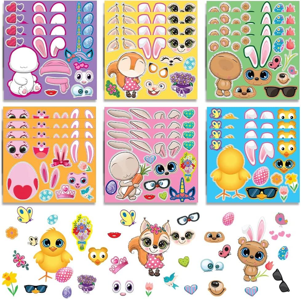 Artcreativity Easter Make Your Own Stickers, Bulk Easter Stickers for Kids, 96 Sticker Sheets with 6 Designs, Easter Basket Stuffers, Easter Egg Stickers and Bunny Stickers, Easter Crafts for Kids