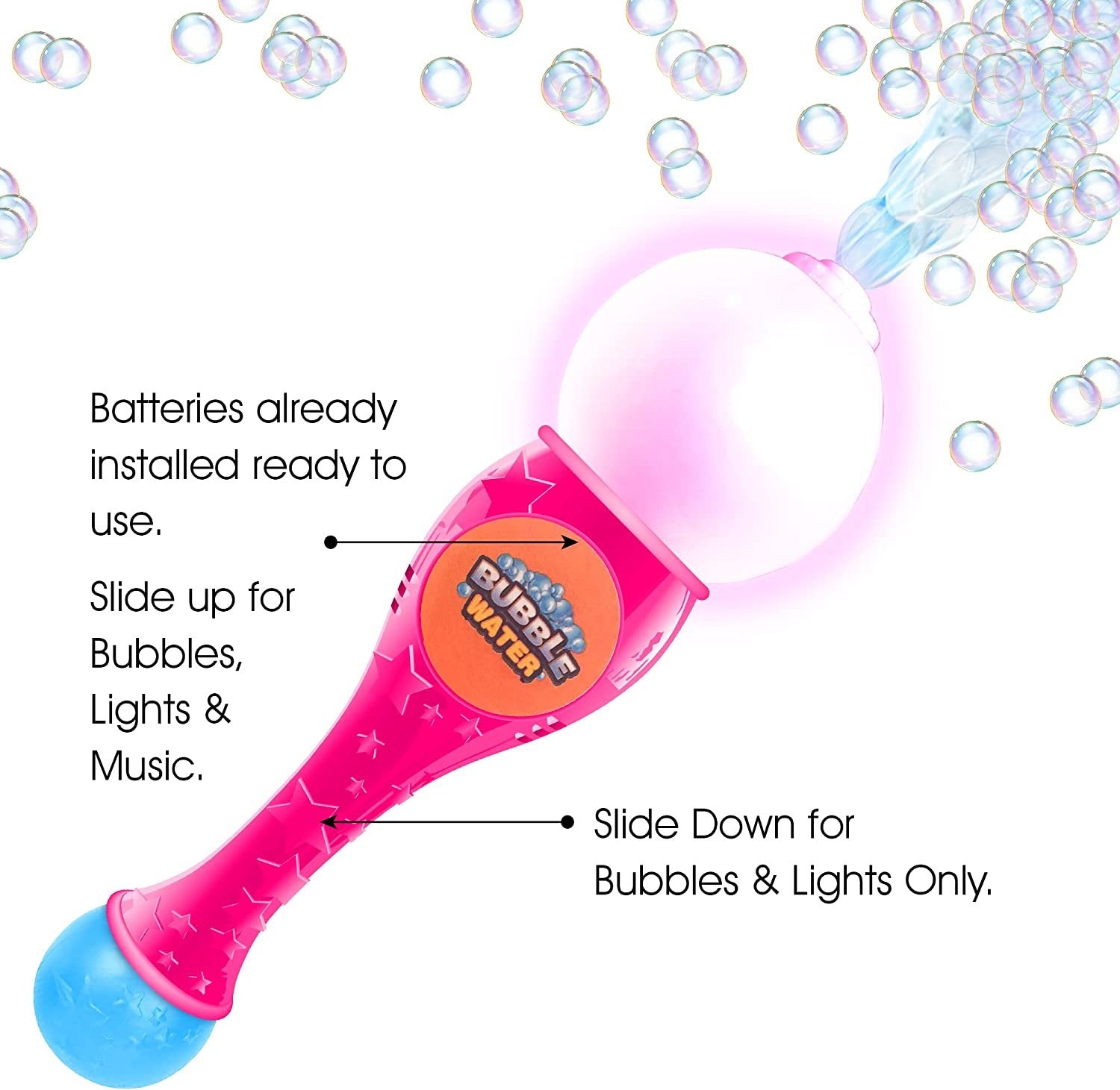 Light Up Bubble Blower Wand, 13.5" Illuminating Bubble Blower Wand with Thrilling LED & Sound Effect for Kids, Bubble Fluid & Batteries Included, Great Gift Idea, Party Favor - Pink
