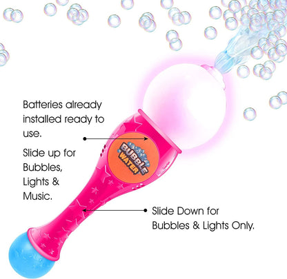 ArtCreativity Light Up Bubble Blower Wand, 13.5 Inch Illuminating Bubble Blower Wand with Thrilling LED & Sound Effect for Kids, Bubble Fluid & Batteries Included, Great Gift Idea, Party Favor - Pink