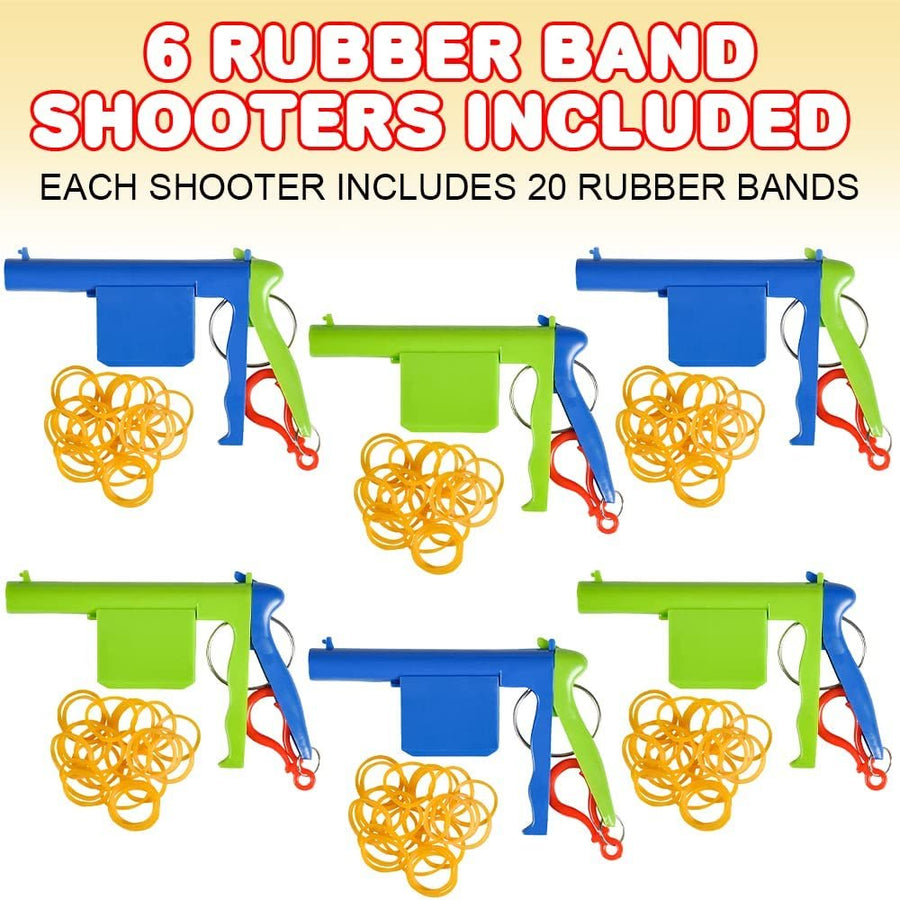 Rubber Band Toy Shooters, Set of 6, Each Set Includes 1 Keychain Shooter and 20 Rubber Bands, Rubber Band Gun Toys for Hours of Fun, Goodie Bag Fillers and Stocking Stuffers for Kids