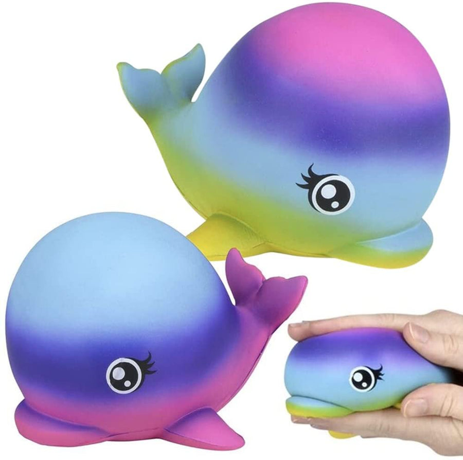 Squish Dolphins, Set of 2, Slow Rising Stress Relief Toys for Kids, Squeezable Dolphin Birthday Party Favors and Goodie Bag Fillers, Rainbow Colors