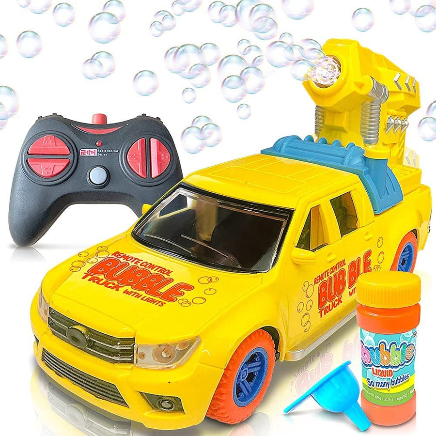 Remote Control Bubble Pickup Truck with Lights, Includes Rechargeable Bubble Blowing Car, Controller, Bubble Solution, Mini Funnel & Charging Cable, Indoor & Outdoor Bubble Toy for Kids