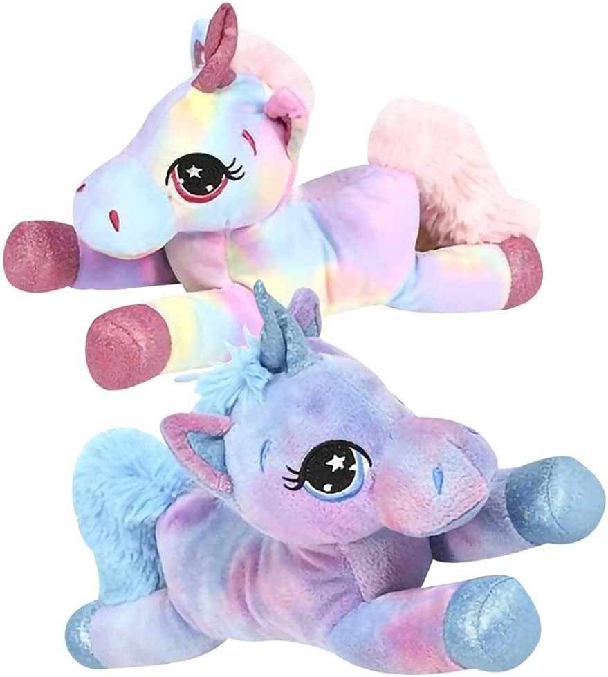 Plush Lying Unicorn Stuffed Toys, Set of 2, Soft and Cuddly Unicorn Toys for Girls and Boys, Cute Home, Bedroom, and Nursery Decor, Princess Gifts for Kids, 10” Long