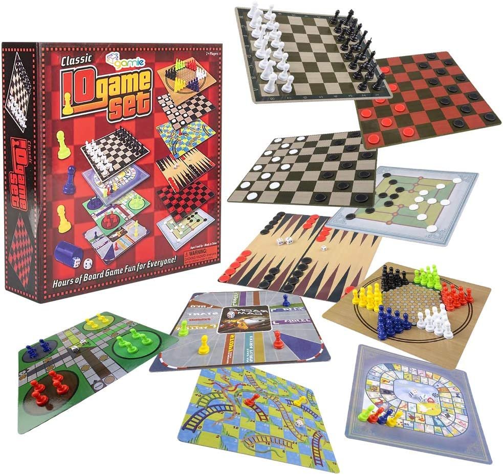 Gamie 10 in 1 Board Game Set, Travel-Friendly Family Board Game Set with Backgammon, Chinese Checkers, Snakes and Ladders, Game of The Goose, Sorry, Draught, Racing, Chess and More