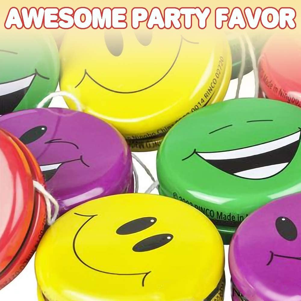 Smile Face Yoyos for Kids, Pack of 12, Emoji Yo-Yo Toys in Assorted Designs, Emoji Birthday Party Favors, Goodie Bag Fillers, Holiday Stocking Stuffers, Classroom Prizes