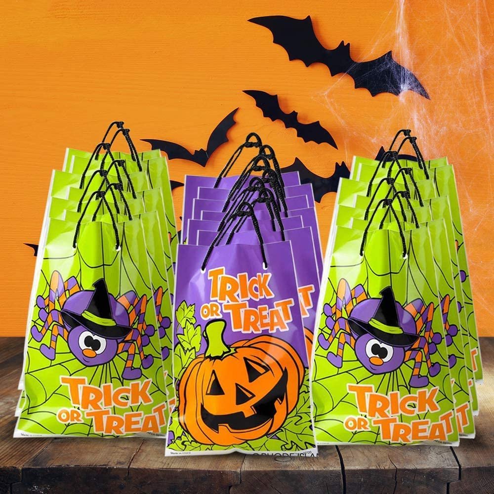 Halloween Trick or Treat Drawstring Bags, Set of 72, Durable Plastic Bags for Candy, Treats, & Gifts, 2 Colorful Designs, Halloween Party Favor Goodie Bags- No Style Choice Available