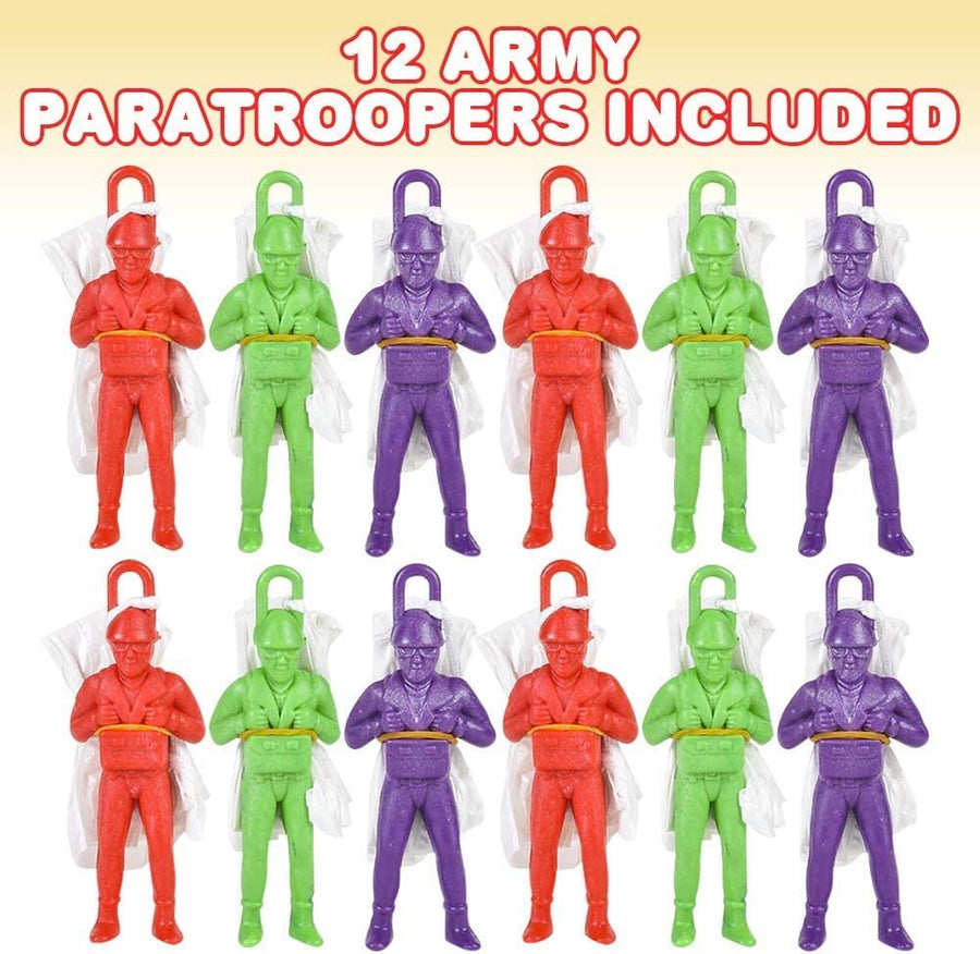 Mini Paratroopers with Parachutes, Pack of 12, Vinyl Parachute Men Toy in Assorted Colors, Durable Plastic Army Guys Playset, Fun Parachute Party Favors for Boys and Girls
