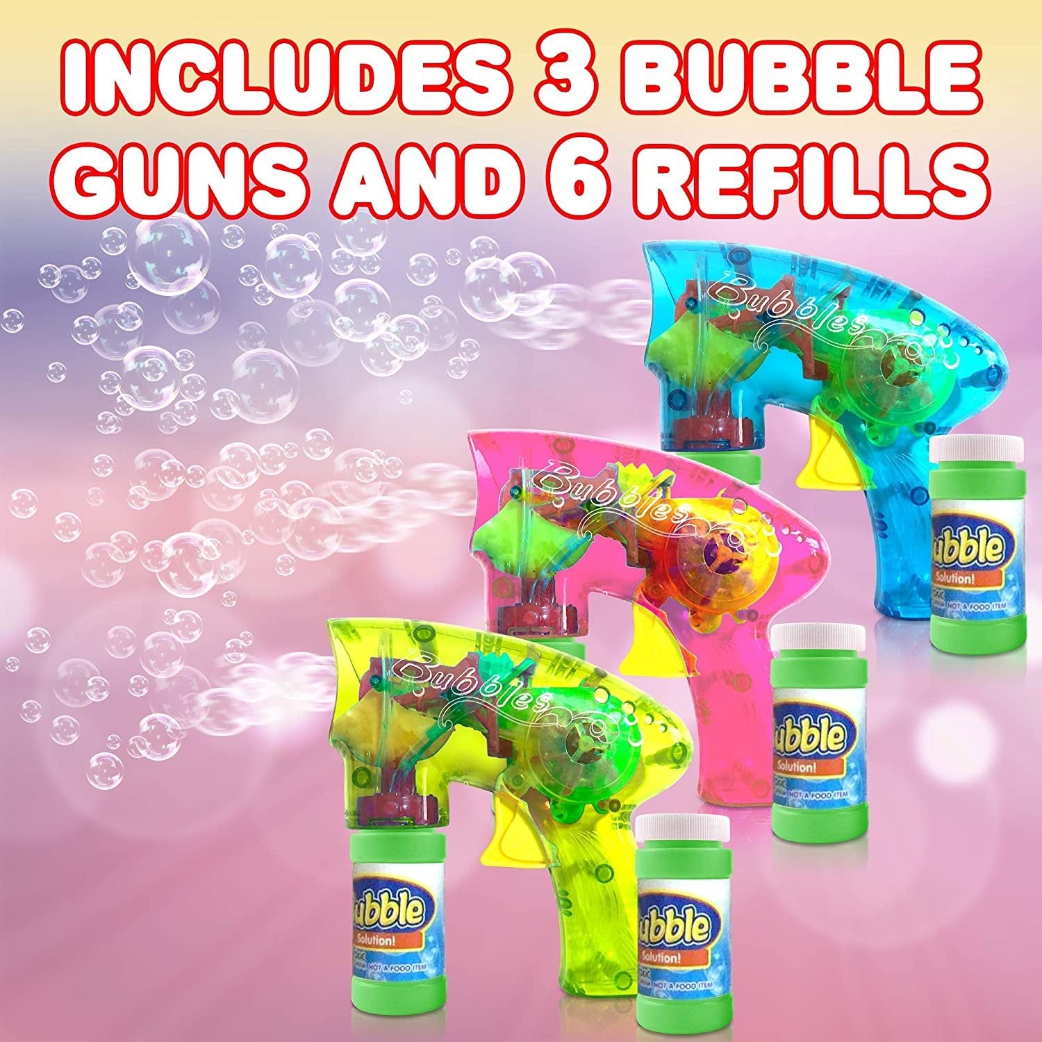 Friction Powered Light Up Bubble Blaster Gun Set - Set of 3 - Includes 3 LED Bubbles Guns and 6 Bottles of Bubble Fluid - No Batteries Needed - Outdoor, Indoor Fun - Gift Idea, Party