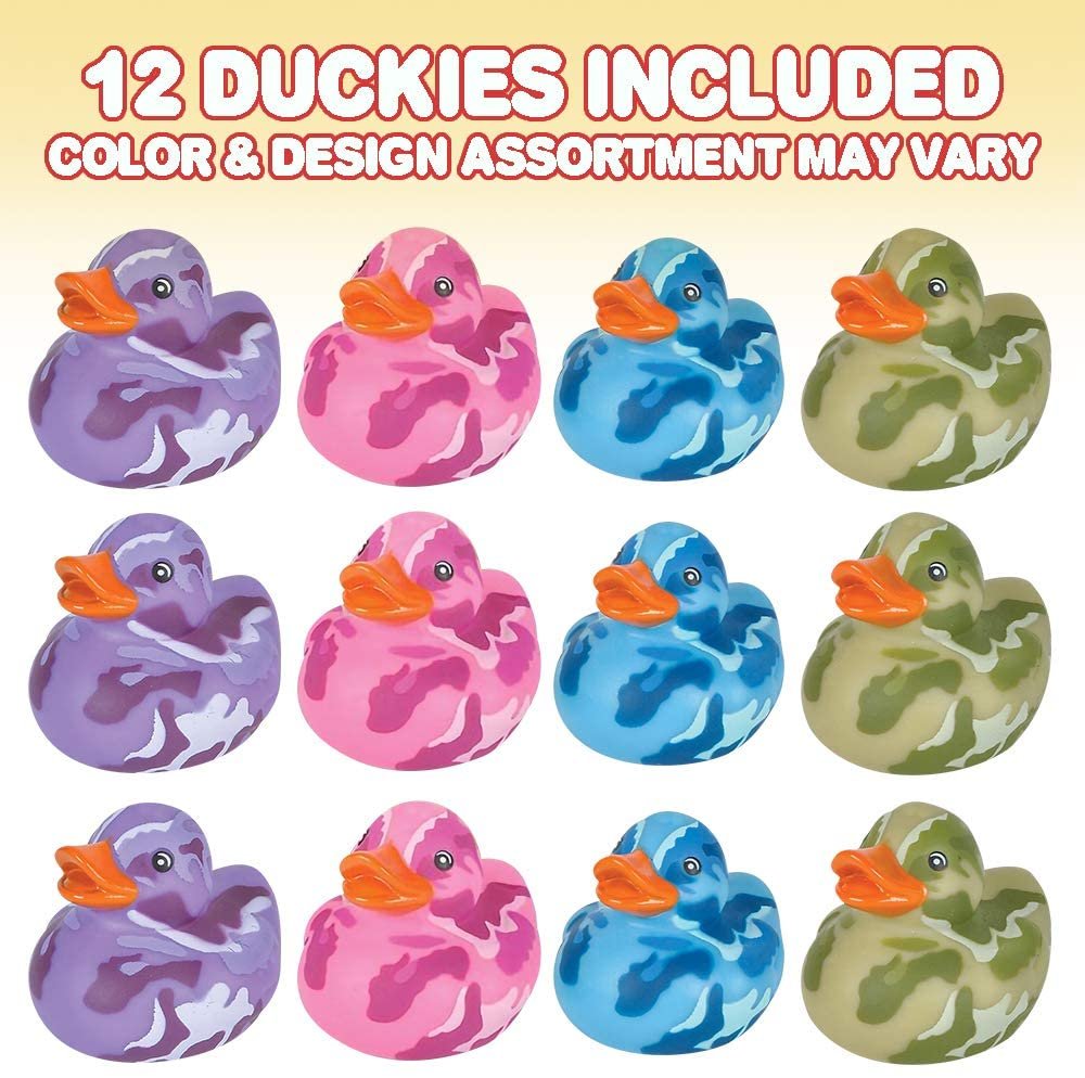 2" Camouflage Rubber Duckies, Pack of 12, Cute Duck Bath Tub Pool Toys in Assorted Colors, Ideal for Camo-Themed Parties, Fun Decorations, Carnival Supplies, Party Favor, Small Prize