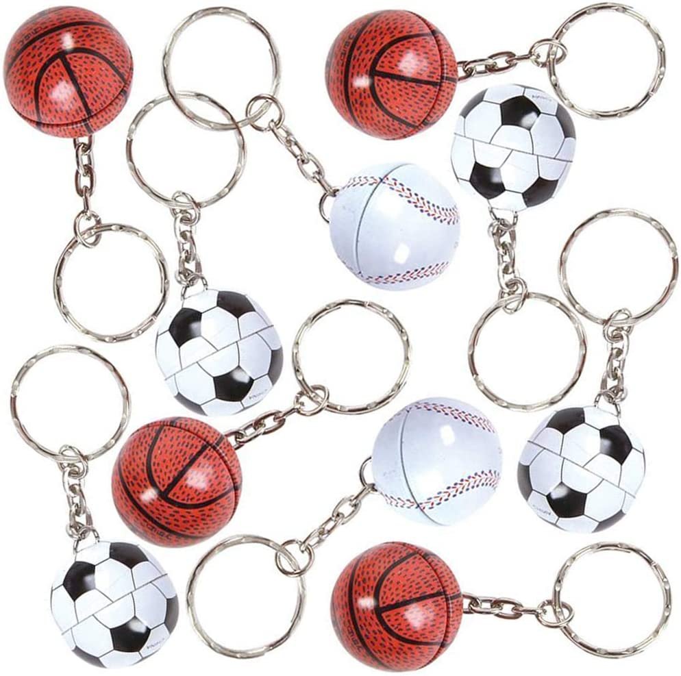 Metal Sports Ball Keychains, Set of 12, Fun Keychains for Backpack, Purse, Luggage, Sports Themed Party Favors, Goodie Bag Fillers for Boys and Girls