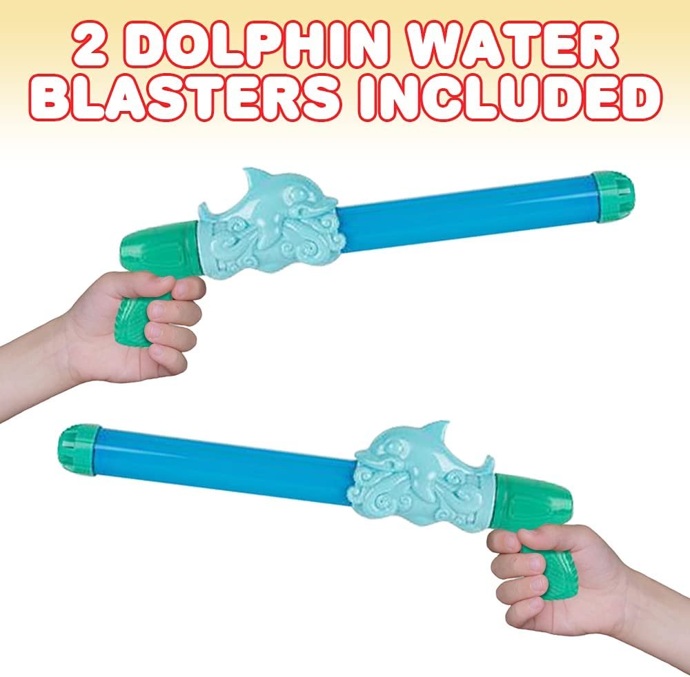 Dolphin Water Blasters for Kids, Set of 2, 17.5" Pump Action Water Squirter Toys for Swimming Pool, Beach, and Outdoor Summer Fun, Cool Birthday Party Favors for Boys and Girls