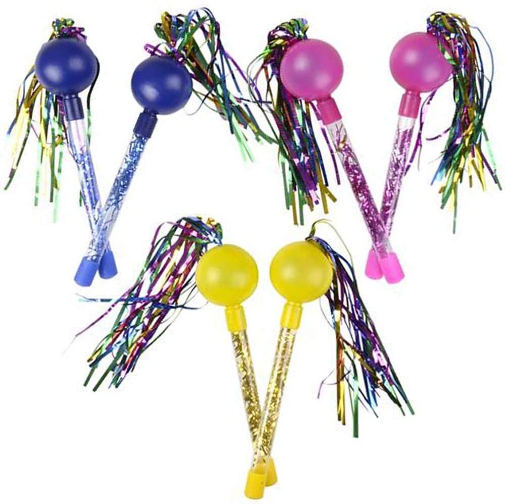 Tinsel Maracas for Kids, 3 Pairs, Plastic Music Hand Shakers, Fun Music Toys for Children, Colorful Noisemakers for Parties and Sports Events, Birthday Party Favors, Pink, Yellow, Blue