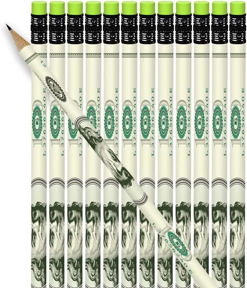 $100 Bill Pencils, Set of 24, Cool Writing Pencils with Erasers, Birthday Party Favors, Party Goody Bag Fillers, Teacher Supplies for Classroom