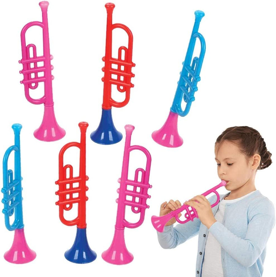 13" Plastic Trumpets, Set of 6, Music Toys for Kids and Toddlers, Fun Musical Instruments Noise Makers for Parties and Events, Cool Birthday Party Favors for Boys, Girls, Adults