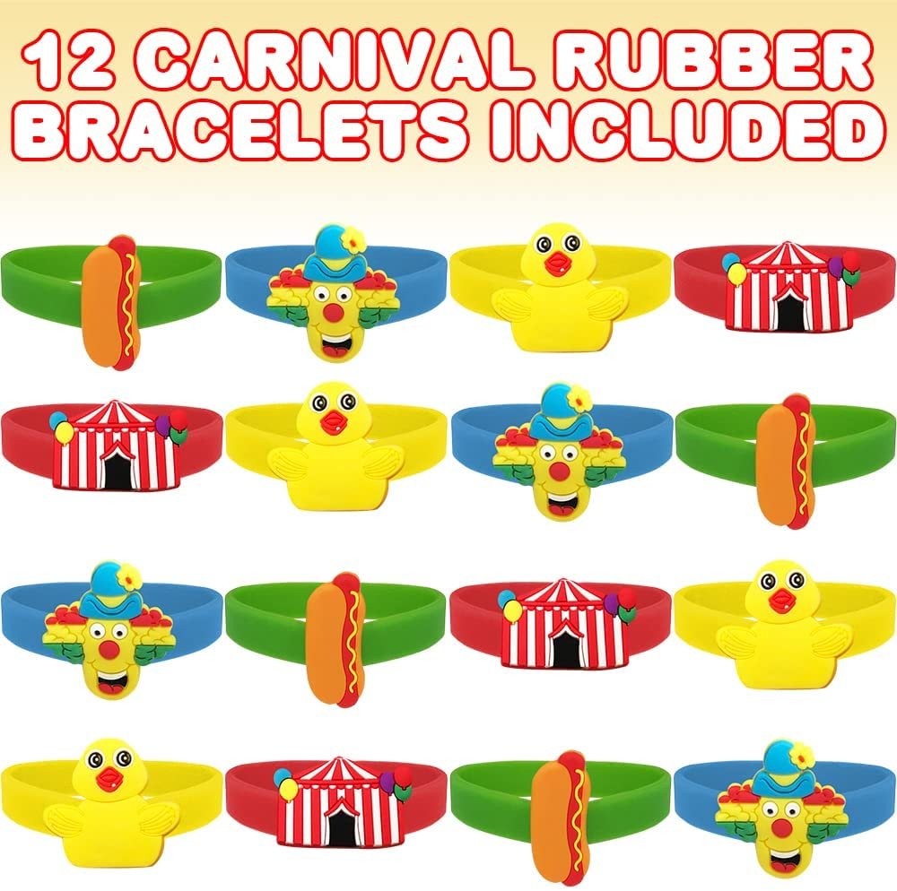 Carnival Rubber Bracelets for Kids, Set of 12, Colorful Stretchy Rubber Wristbands for Boys and Girls, Fun Birthday Party Favors for Children, Goodie Bag Fillers, Carnival Prize