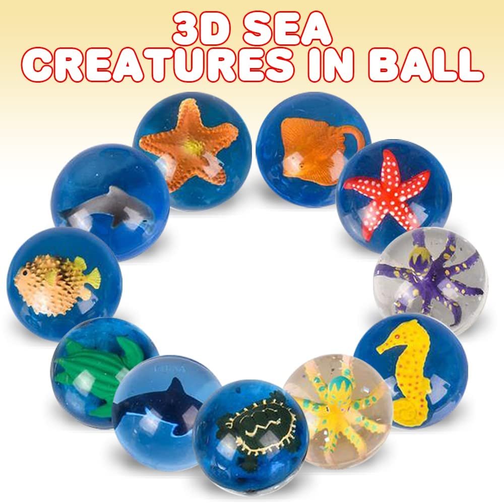 Aquatic High Bounce Balls, Set of 12, Balls for Kids with 3D Sea Creatures Inside, Outdoor Toys for Encouraging Active Play, Dinosaur Party Favors and Pinata Stuffers for Boys and Girls