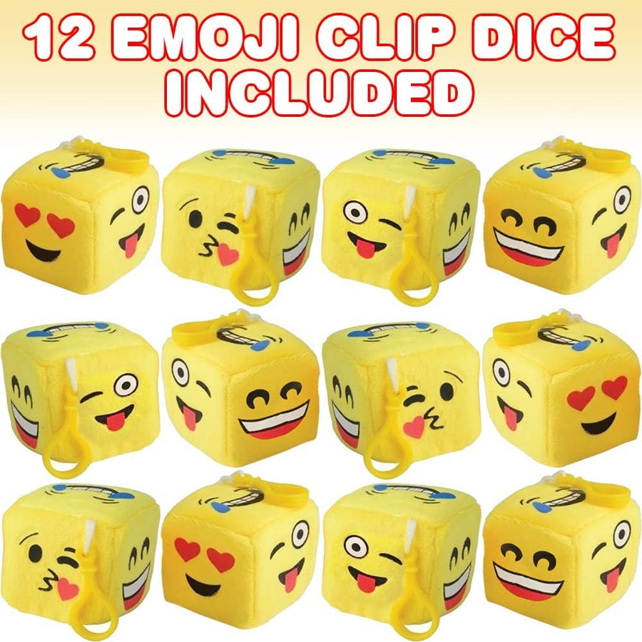 Plush Emoticon Dice with Clips, Set of 12, Emoticon Keychain Accessories and Backpack Charms for Kids, Emoticon Party Favors for Boys and Girls, Unique Hanging Car Mirror Decorations