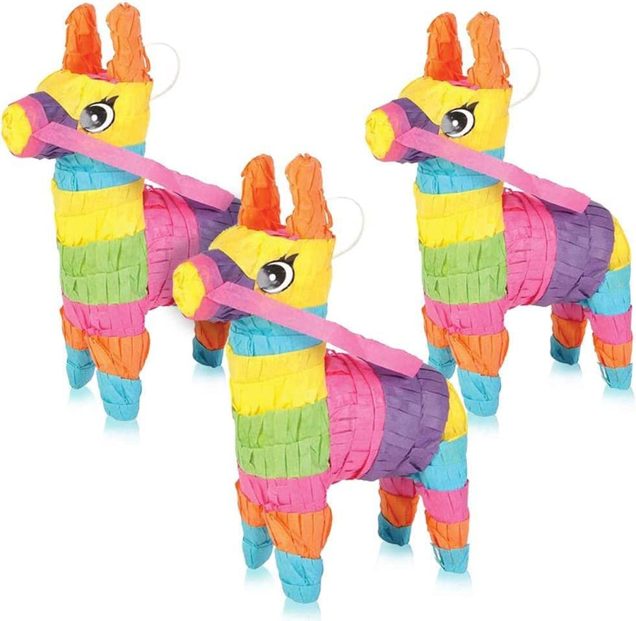 Mini Donkey Piñatas - Set of 3 - Colorful Birthday Party Decorations - Small Miniature Piñata Decor for Feliz Navidad, Cinco de Mayo, Taco Fiesta - Mexican-Themed Party Supplies