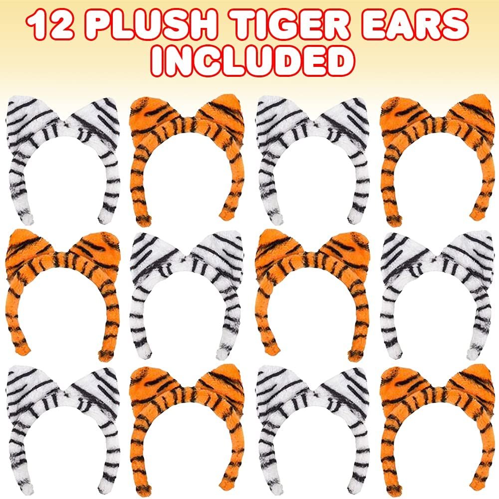 Plush Tiger Ears, Set of 12, White and Orange Tiger Ear Headbands, Jungle Party Favors, Zoo Birthday Party Supplies, Animal Party Photo Booth Props, Tiger Costume Accessories for Kids