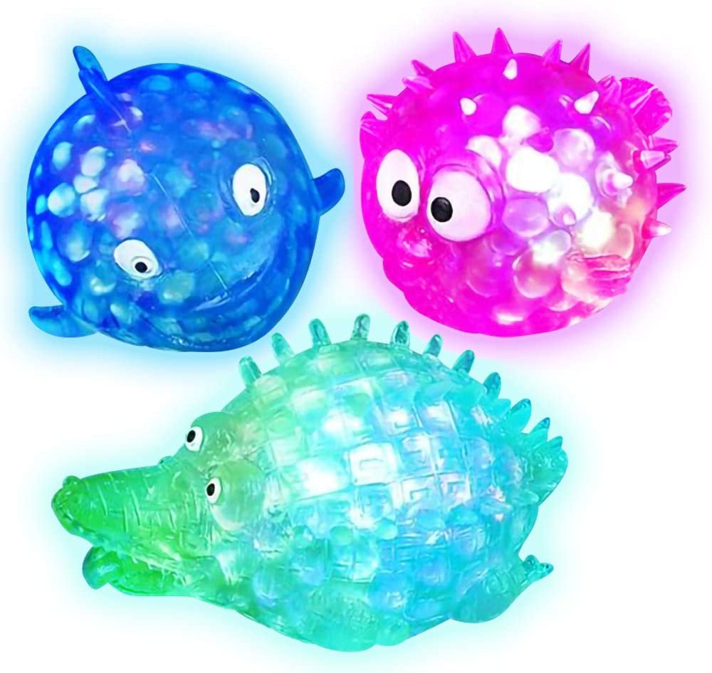 ArtCreativity Light Up Squeezy Bead Aquatic Animals, Set of 3, Flashing Squeezing Stress Relief Toys Filled with Water Beads, Calming Sensory Toys for Autism, ADHD, Underwater Party Favors for Kids