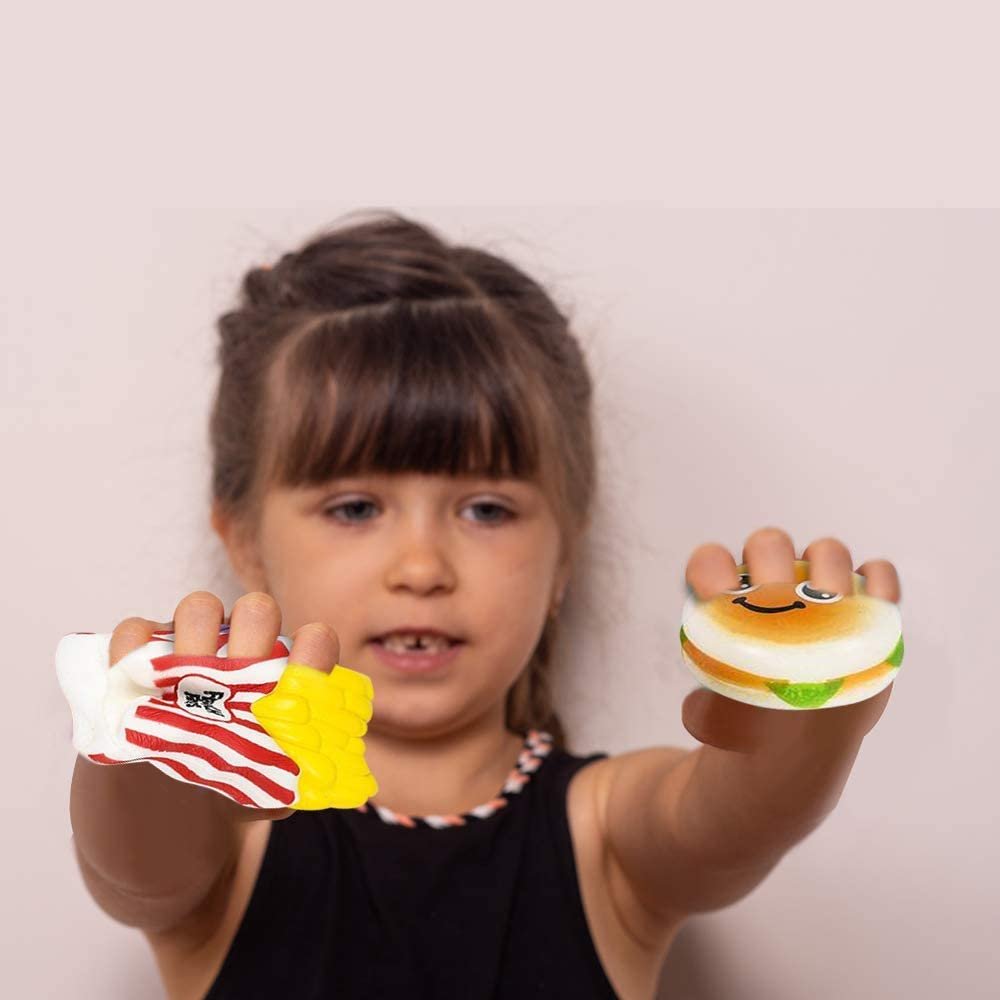 Fast Food Squeeze Toys for Kids, Set of 4, Includes 2 Fries and 2 Burgers, Scented Slow-Rise Stress Toys for Adults, Play Food for Children, Themed Party Favors for Boys and Girls