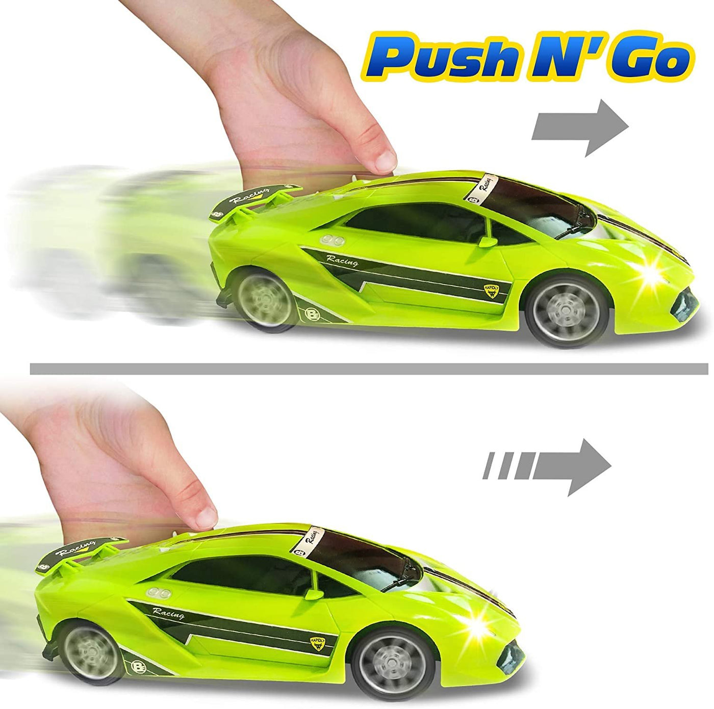 Green Racer Car with Lights and Sounds, Light-Up Push n Go Racer Car for Kids, LED Headlights and Engine Sound, Best Birthday Gift for Boys, Girls, Toddlers Ages 3+