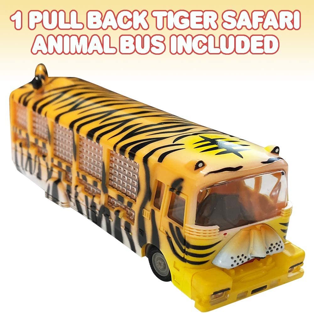 Pull Back Tiger Safari Animal Bus for Kids, 7" Tiger Design Bus with Pullback Mechanism, Durable Plastic Material, Safari Party Decorations, Best Birthday Gift for Boys and Girls