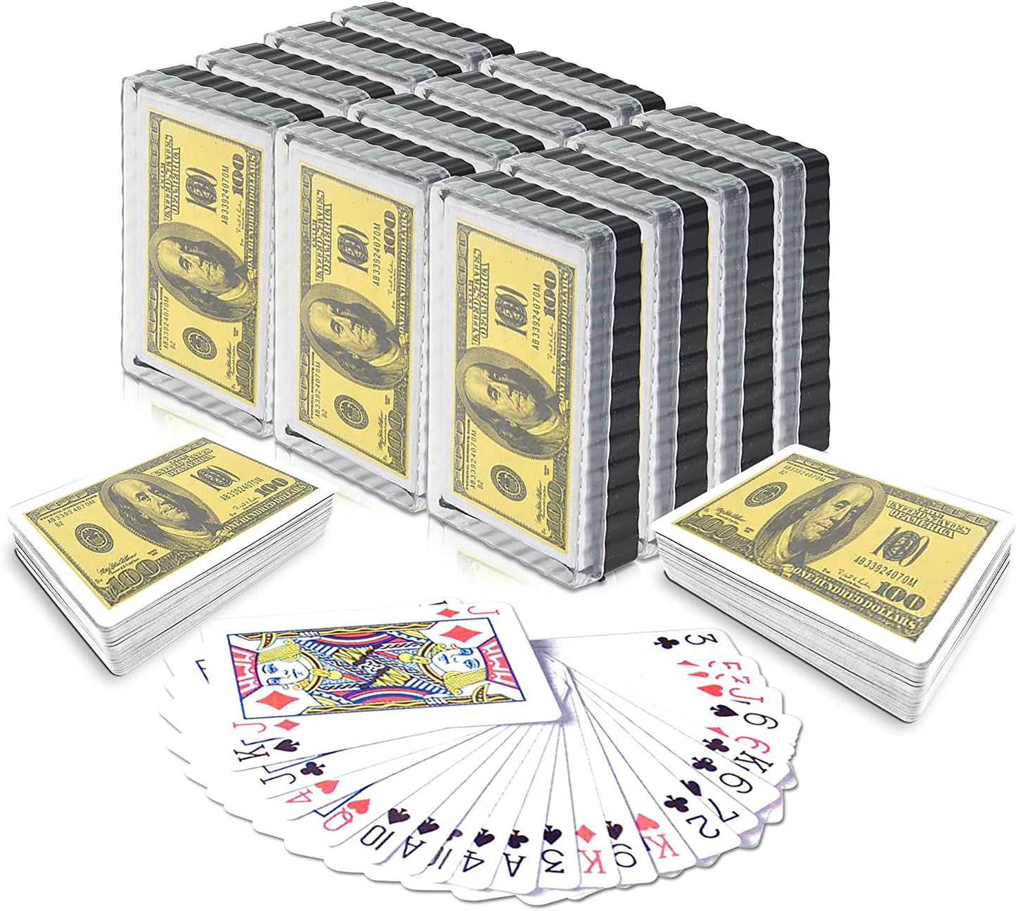 Gamie 100 Dollar Bill Playing Cards - Pack of 12 Decks - Individually Shrink Wrapped - Game Cards for Poker, Kids, Adults - Birthday Party Favor for Girls and Boys - Great Gift Idea