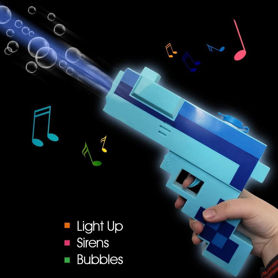 Pixel Bubble Blaster Toy Gun with Light and Sound Effects, 2 Bottles of Bubble Solution and Batteries Included, Cute Light Up Pixel Bubble Blower for Boys and Girls, Best Gift Idea
