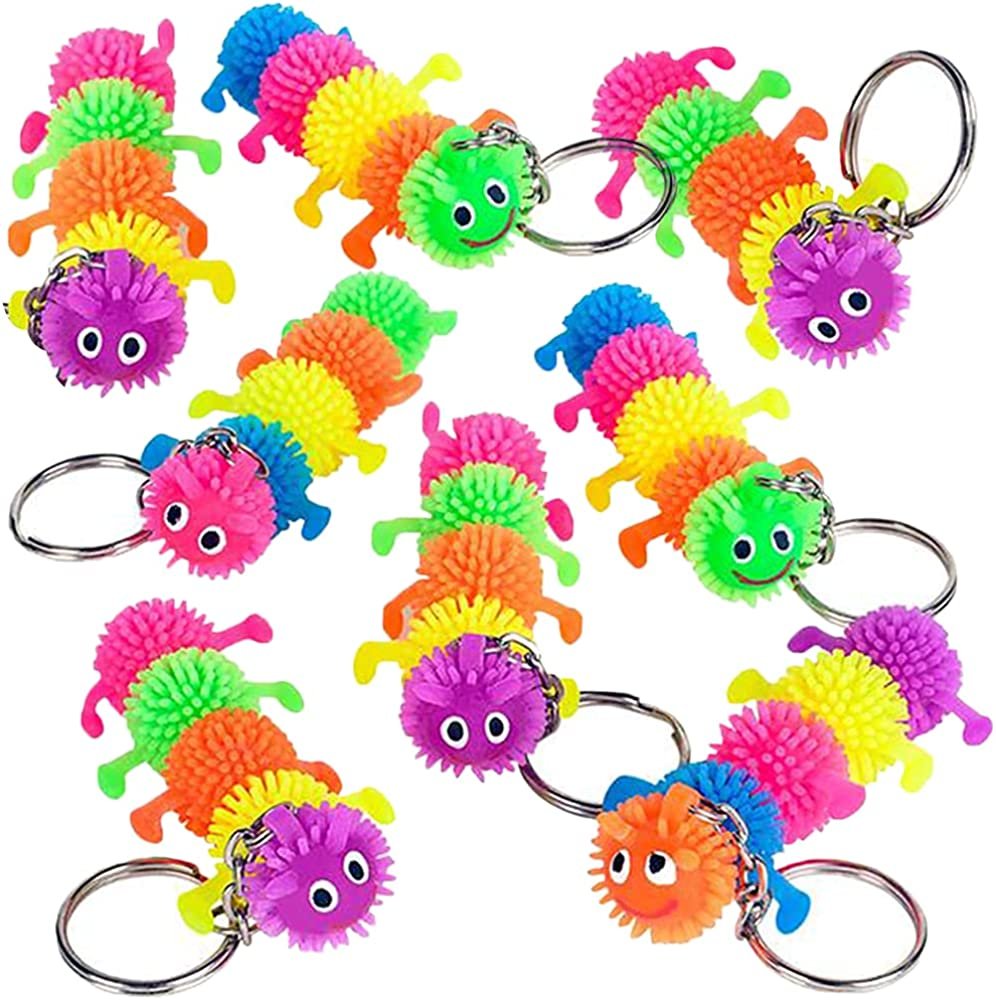 Rubber Puffer Caterpillar Keychains for Kids, Set of 12, Key Chains with Caterpillar Fidget Toy, Stress Relief Toys for Kids & Adults, Keyholder Birthday Party Favors, Goodie Bag Fillers