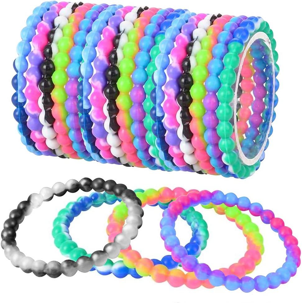 Tie Dye Bead Bracelets - Pack of 12 Stretch Novelty Wristbands in Assorted Colors - Fun Party Favor, Carnival Prize, Goodie Bag Fillers, Bracelets for Kids and Adults