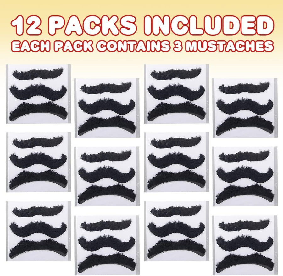 Realistic Fake Mustache Set - Bulk Pack of 36 - Stick On Moustaches with Skin-Safe Adhesive, Photo Booth Props and Favors for Mexican, Super Mario, Lumberjack, and Cowboy Party