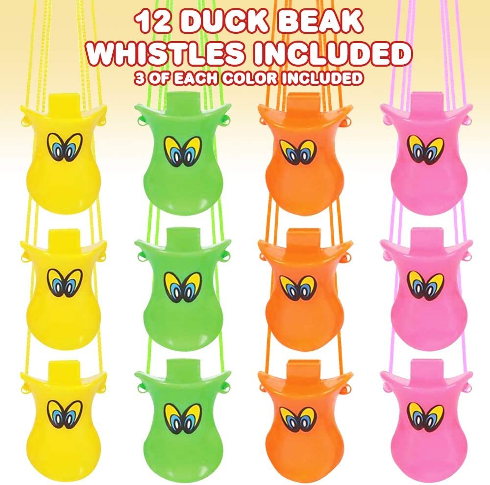 ArtCreativity Duck Beak Whistles with Nylon Cord, Pack of 12, Durable Plastic Duck Noise Maker Whistles, Bright Assorted Colors, Birthday Party Favors, Treasure Box Prizes for Kids