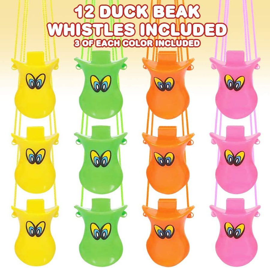 Duck Beak Whistles with Nylon Cord, Pack of 12, Durable Plastic Duck Noise Maker Whistles, Bright Assorted Colors, Birthday Party Favors, Treasure Box Prizes for Kids