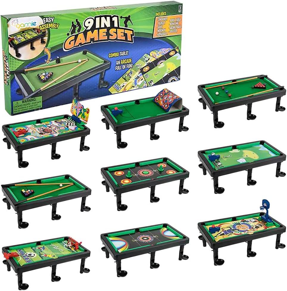 Gamie 9 in 1 Tabletop Game Set, Includes Gaming Table & Accessories for Pool, Soccer, Basketball, Bowling, Hockey, Target, Golf, Handball, and Snooker Game, Great for Game Nights, Best Gift for Kids