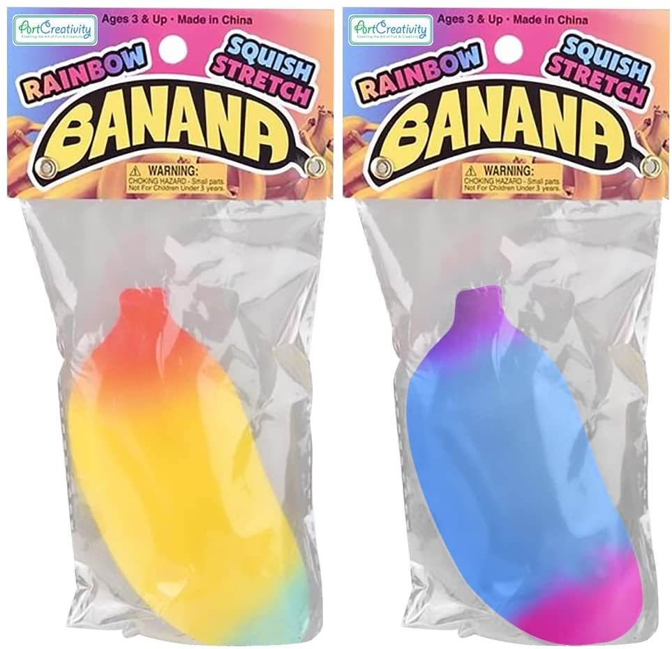 ArtCreativity Rainbow Banana Squeeze Toys, Set of 2, Sensory Toys for Kids and Adults, Stretchy Fidgeting Toys in Vibrant Colors, Goodie Bag Stuffers, Zoo Birthday Party Favors, and Co-worker Gifts