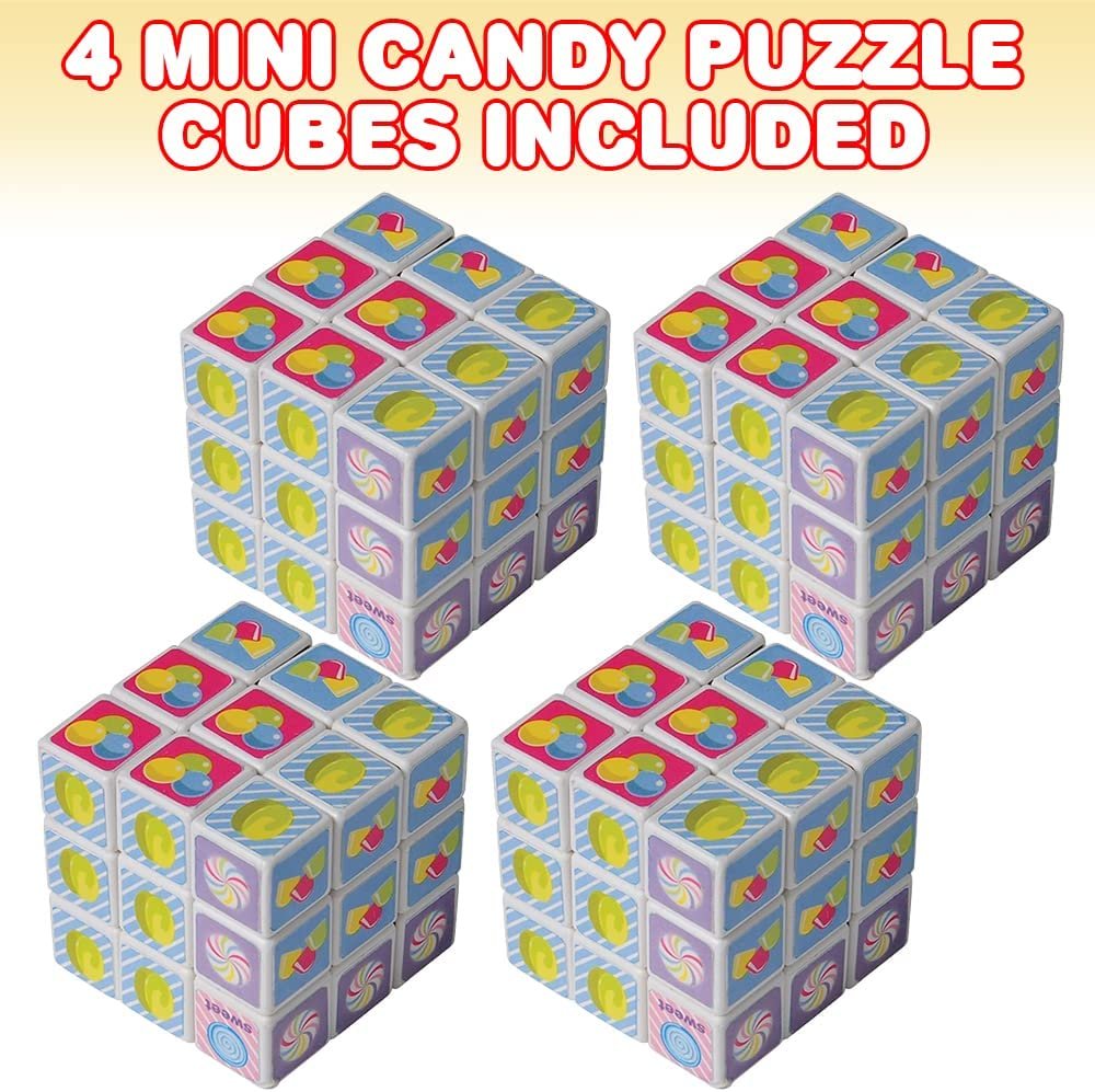 ArtCreativity Mini Candy Puzzle Cubes, Set of 4, 3D Puzzles for Kids with Vibrant Designs, Brain Teaser Puzzles for Boys and Girls, Portable Travel Toys for Kids, Birthday and Christmas Party Favors