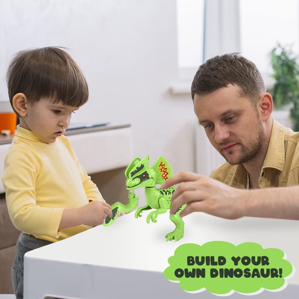 Roaring Dilophosaurus Dinosaur Toy for Kids, Build Your Own Dinosaur Block Figure, Features Sounds and Includes Assembly Instructions, Dinosaur Birthday Party Supplies for Kids
