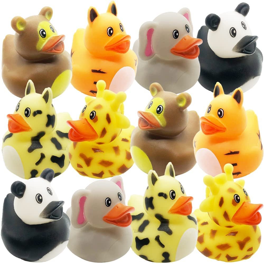 Zoo Animal Rubber Duckies for Kids, Pack of 12, Zoo Themed Duck Bathtub Pool Toys, Fun Carnival and Safari Party Supplies, Birthday Party Favors for Boys and Girls