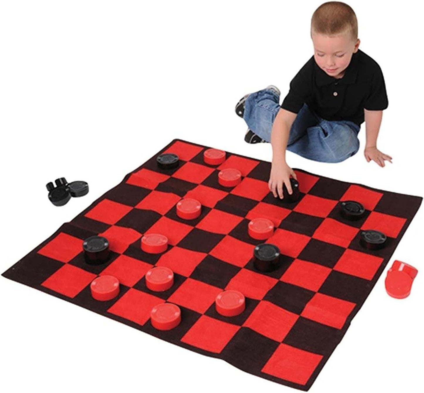 Giant Checkers Rug Set by Gamie - 34.5 x 34.5 Inch Jumbo Checker Board Floor Mat Game with Huge Pieces - Great Gift Idea for Boys and Girls, Fun Birthday Party Activity - Play Room Rug - Red and Black