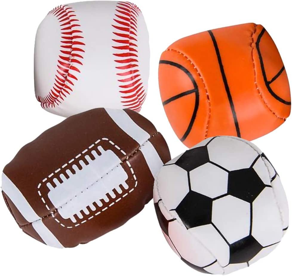 Soft Stuff Sports Stress Balls, Set of 4, Includes Basketball, Football, Baseball, and Soccer Squeezable Anxiety Relief Balls, Cool Party Favors and Goodie Bag Fillers for Boys & Girls