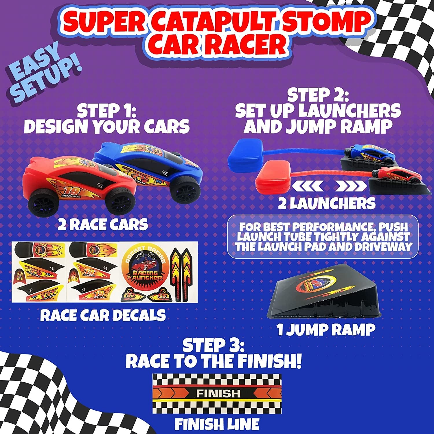 Super Catapult Car Racers, Includes 2 Cars, 2 Stomp Launchers, Ramp, finish line, & Decorating Decals, Catapult Car Toys for Boys & Girls, Adrenaline-Pumping Outdoor Toys for Kids