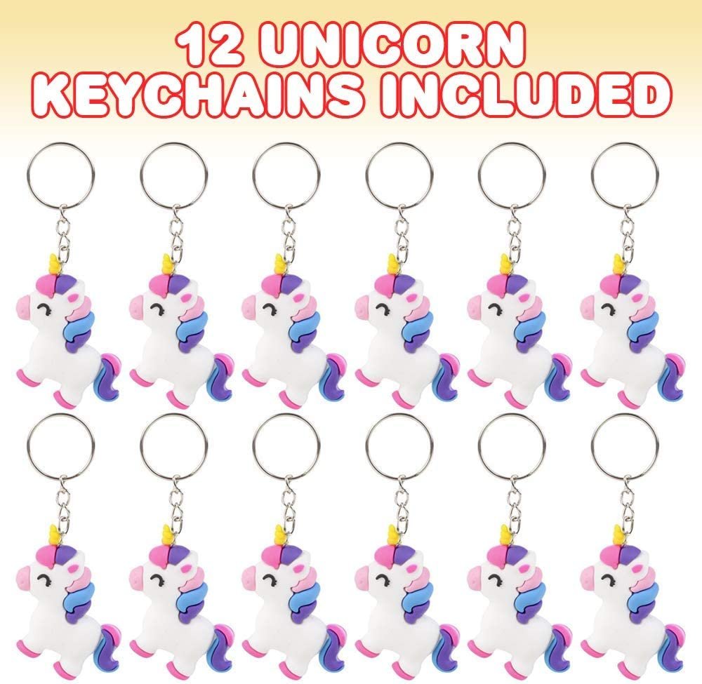 Unicorn Rubber Keychains, Set of 12, Fun Key Chains for Backpack, Purse, Luggage, Unicorn Birthday Party Favors for Kids, Goodie Bag Fillers, Small Prizes for Boys and Girls