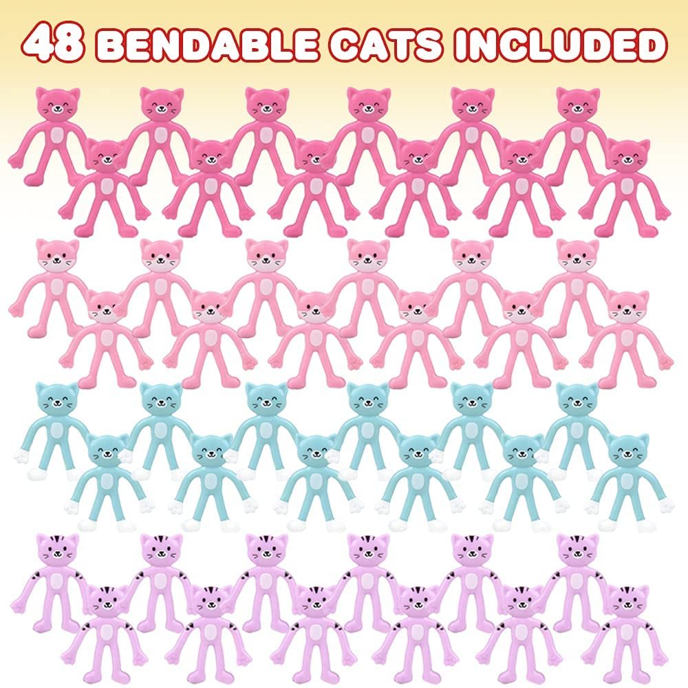 Mini Bendable Cat Assortment, Set of 48 Flexible Figures in Assorted Colors, Birthday Party Favors for Boys & Girls, Stress Relief Fidget Toys, Goody Bag Fillers for Kids