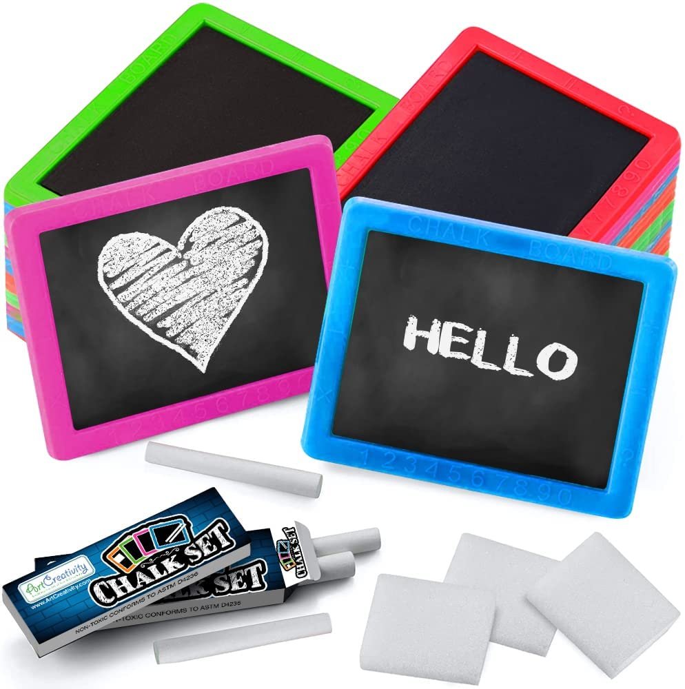 Neon Chalkboard Sets for Kids, 24 Kits, 1 Mini Chalk Board, 2 Chalk Sticks, and 1 Eraser Per Kit, Art Birthday Party Favors for Boys and Girls, Unique Stationery Goodie Bag Fillers