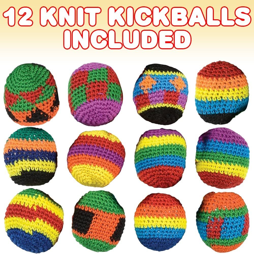 Knit Kickballs for Kids, Set of 12, Cotton Kick Hacky Sacks in Assorted Colors and Patterns, Indoor and Outdoor Toys for Kids and Adults, Retro Office Toys, Goodie Bag Stuffers