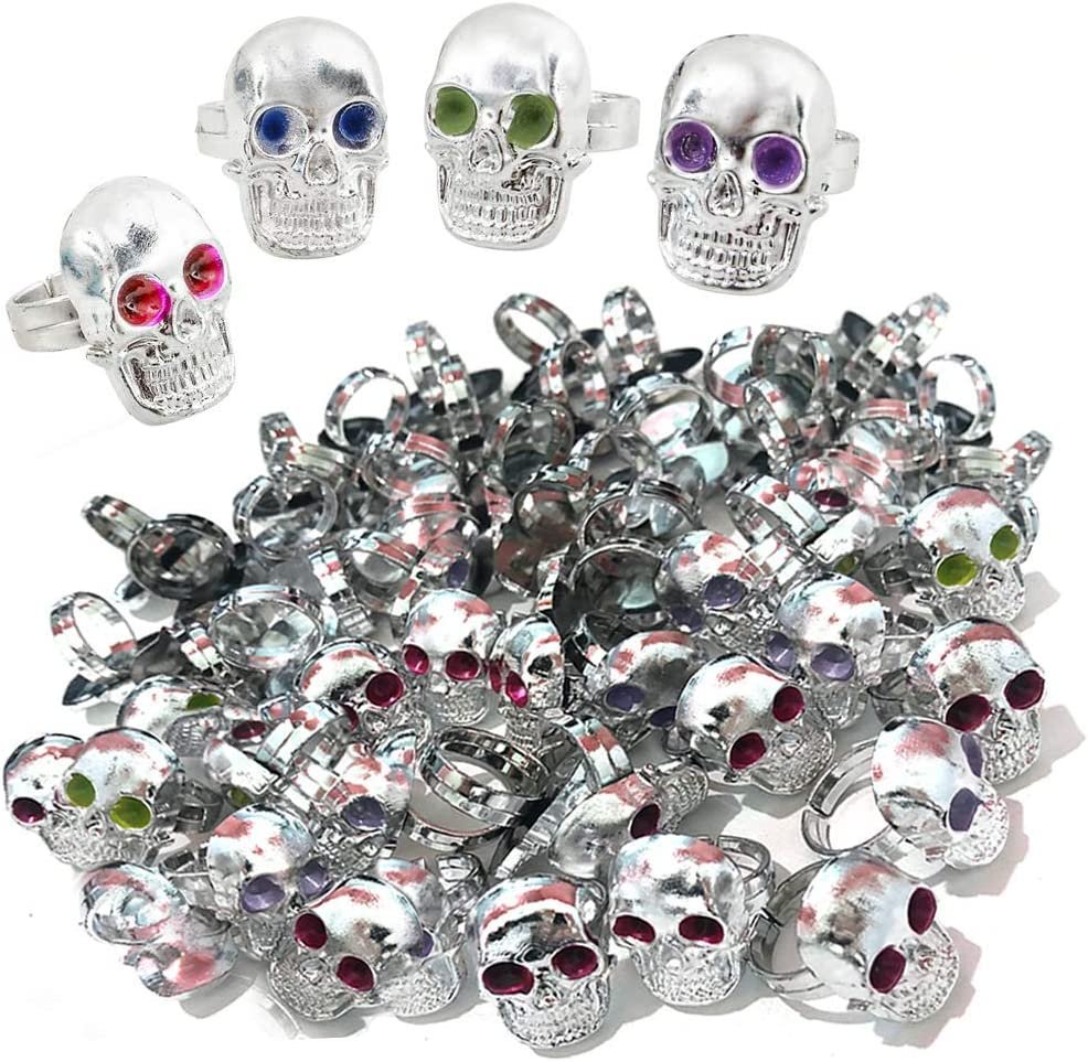 Silver Plastic Skull Rings for Kids, Set of 144, Halloween Party Favors, Non-Candy Trick or Treat Supplies, Pirate-Theme Goodie Bag Fillers, Spooky Classroom Rewards for Boys and Girls