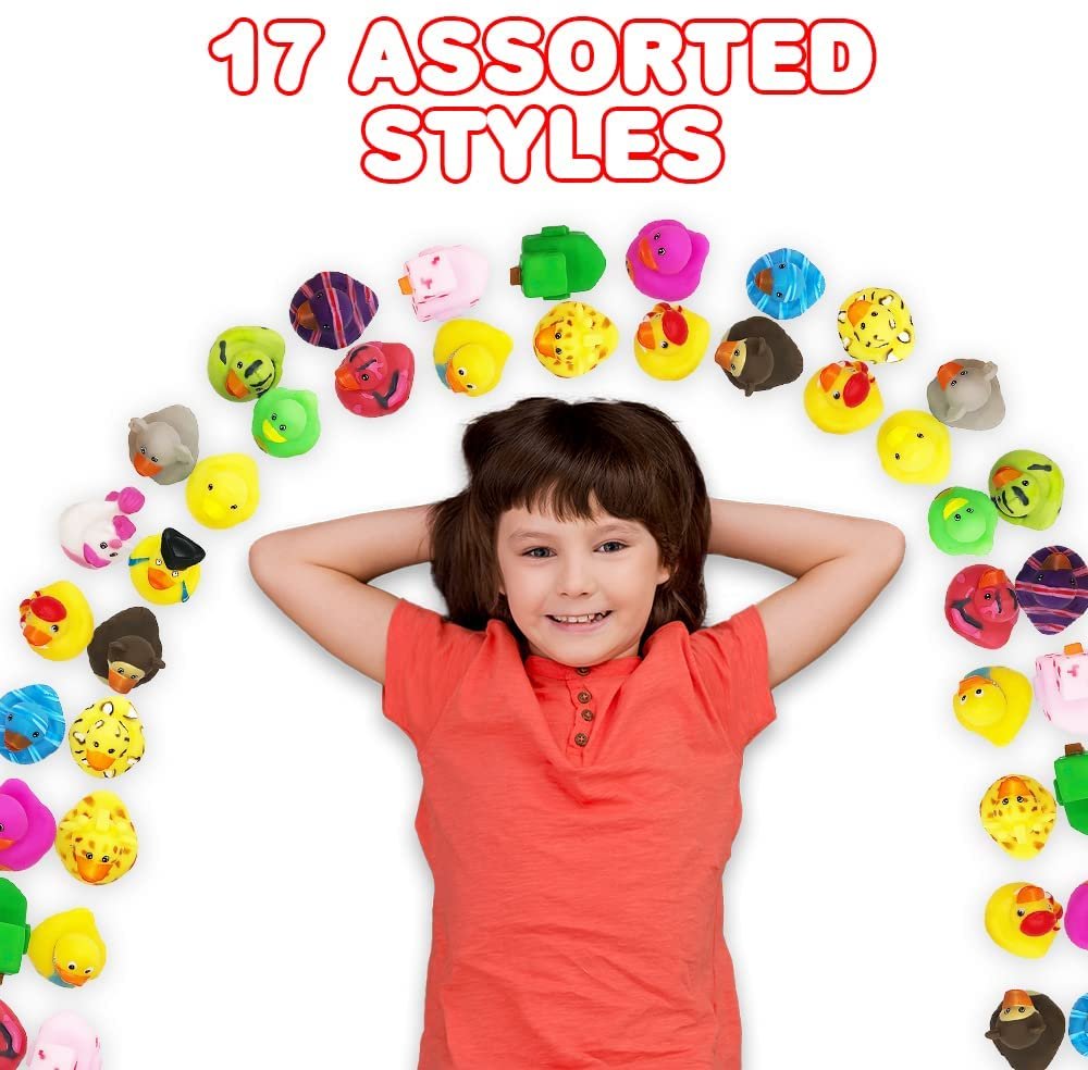 Assorted Rubber Duckies for Kids, Pack of 100, Duck Bathtub Pool Toys with 17 Different Designs, Fun Carnival and Christmas Party Supplies, Birthday Party Favors for Boys and Girls